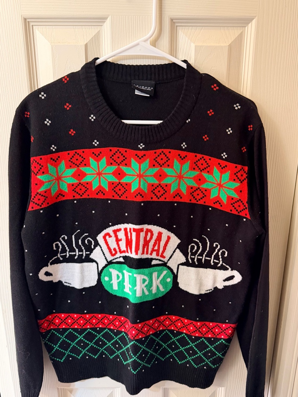 FRIENDS Central Perk Holiday Crewneck Sweater - Black with Red & Green